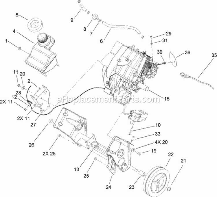 Engine, Gas Tank & Frame Assembly Diagram and Parts List for 33006 260000001-260999999 - 2006 Lawn Boy Snow Blower
